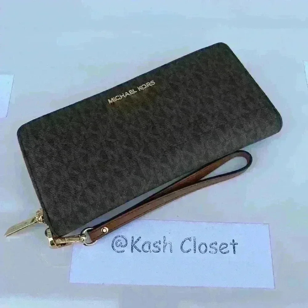 Michael Kors Wristlet Travel Continental Large Wallet MK Signature Brown - Picture 2 of 7